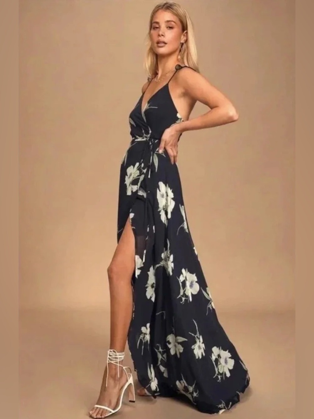 NWT Lulus All Mine Navy Floral Wrap Maxi Dress Small High-Low Slit Dress